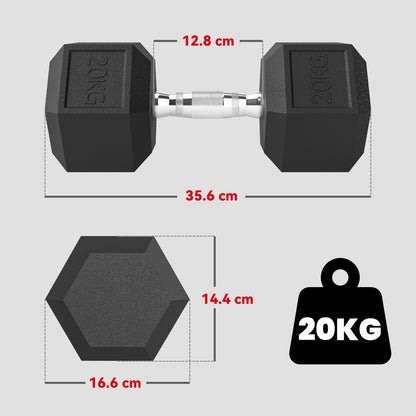 20Kg Hex Rubber Dumbbell Encased Ergo Weights for Home Exercise Gym Fitness
