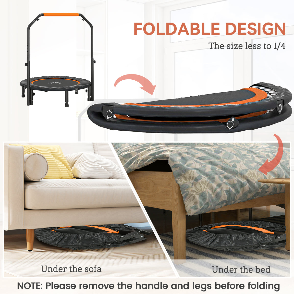 40" Foldable Mini Trampoline Fitness Trampoline W/ Foam Handle