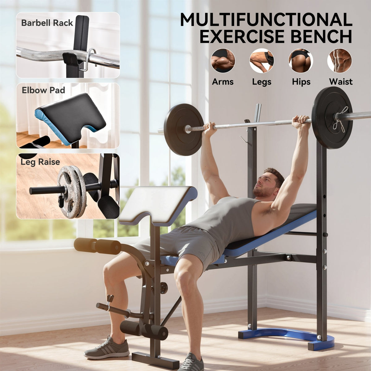 Adjustable Weight Bench with Leg Developer Barbell Rack for Home Gym Fitness