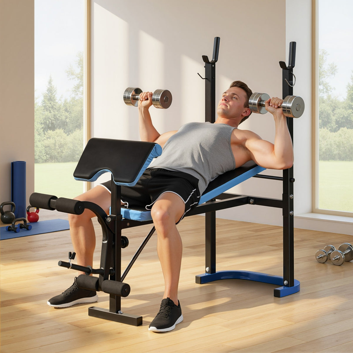 Adjustable Weight Bench with Leg Developer Barbell Rack for Home Gym Fitness