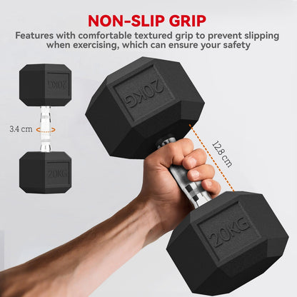 20Kg Hex Rubber Dumbbell Encased Ergo Weights for Home Exercise Gym Fitness